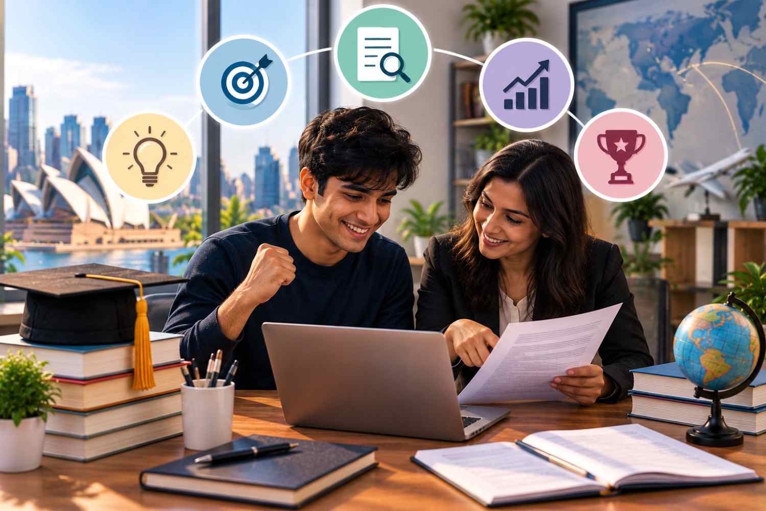 South Asian student writing an MBA essay at a laptop, with visual stages showing essay writing, interview preparation, university admission, and career success, symbolizing the importance of MBA essays in business school applications.